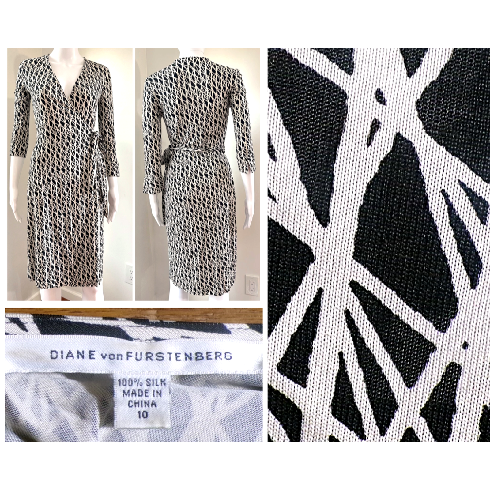 Diane Von Furstenberg Silk Wrap Dress 10 Julian Two Iconic Jersey Black Mosaic